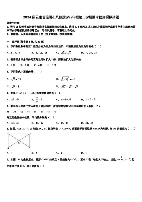 2024届云南省昆明市八校数学八年级第二学期期末检测模拟试题含解析