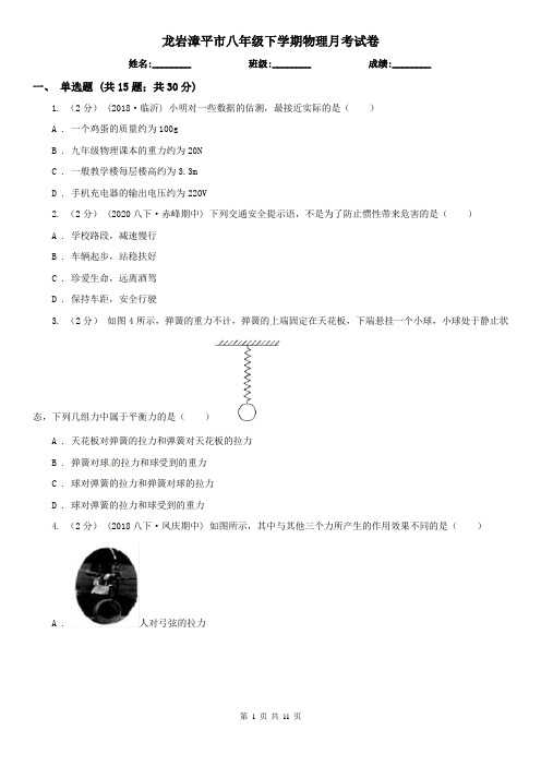 龙岩漳平市八年级下学期物理月考试卷