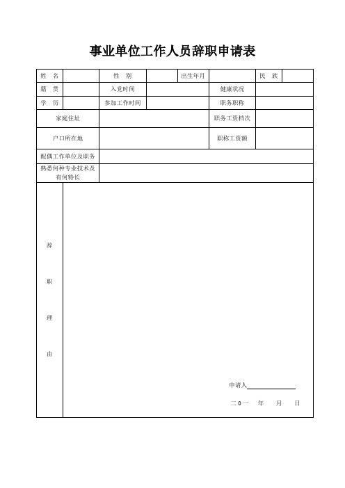 事业单位工作人员辞职申请表