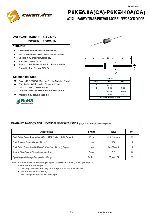 P6KE400CA,TVS瞬变抑制二极管中文资料