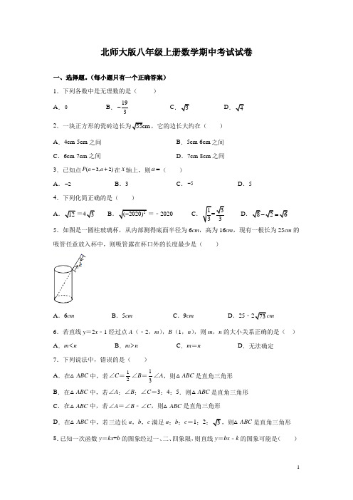 北师大版八年级上册数学期中考试试题及答案