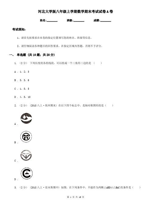 河北大学版八年级上学期数学期末考试试卷A卷(练习)