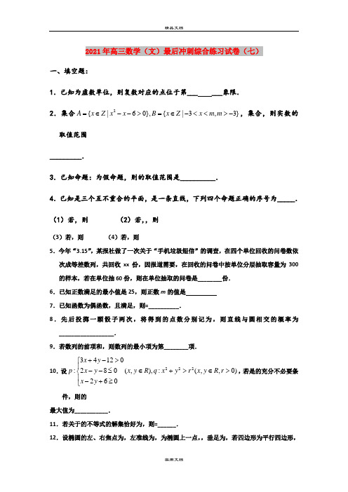 2021年高三数学(文)最后冲刺综合练习试卷(七)