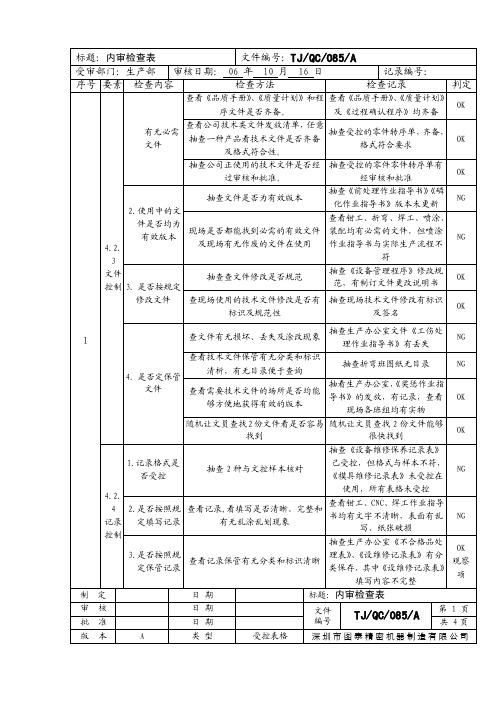 内审检查表（生产部）