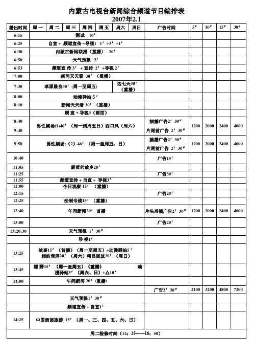 内蒙古电视台地面频道07节目价格表