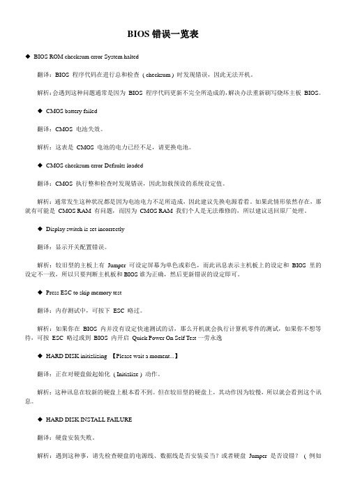 BIOS错误一览表