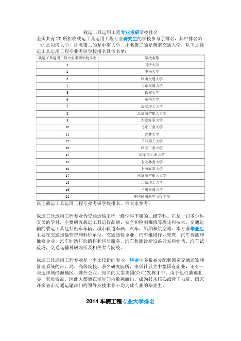 载运工具运用工程专业考研学校排名