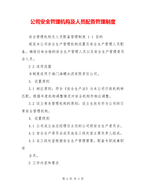 公司安全管理机构及人员配备管理制度