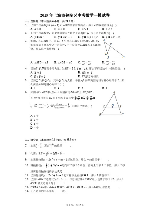 2019年上海市普陀区中考数学一模试卷-解析版