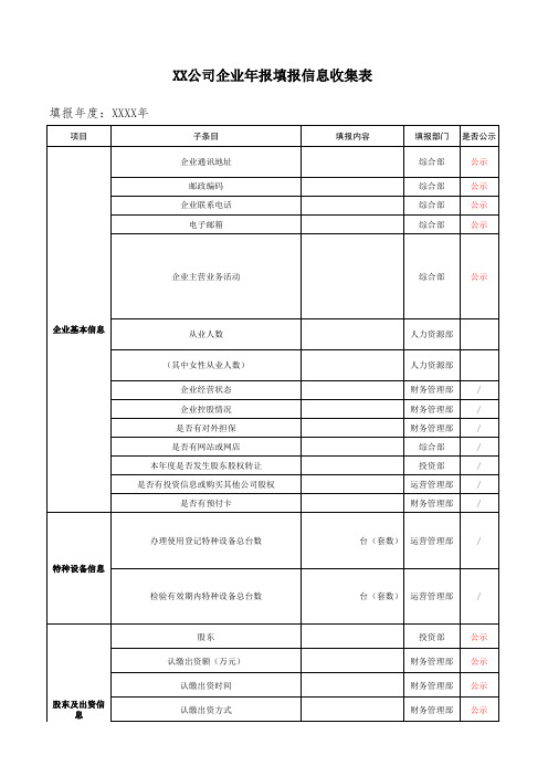 XX企业年报填报信息收集表 - 模板