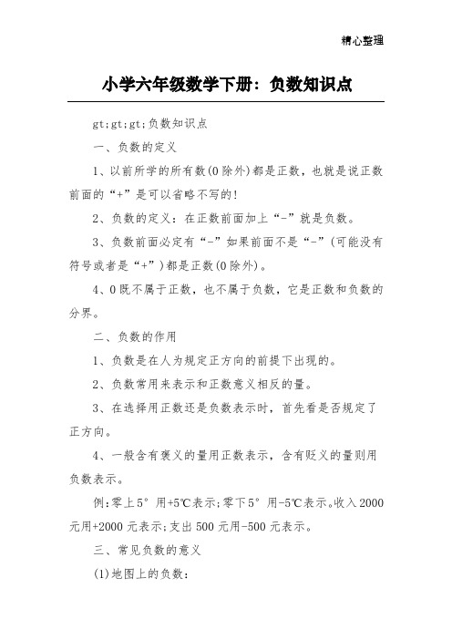 小学六年级数学下册：负数知识点