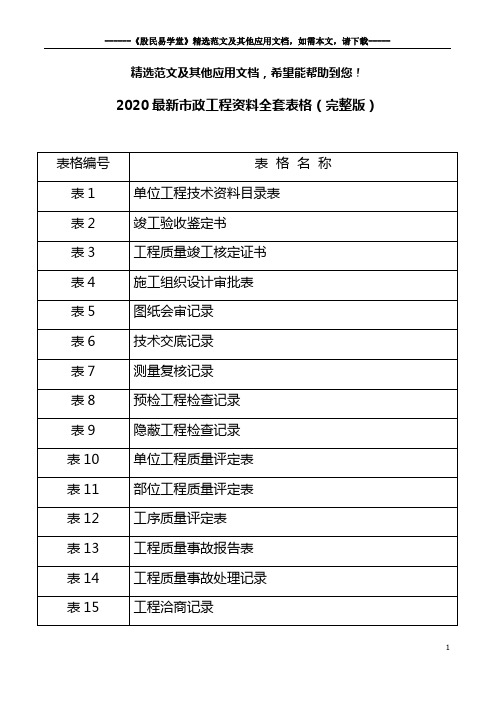 2020最新市政工程资料全套表格(完整版)