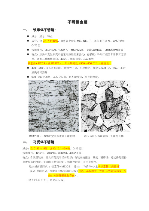 不锈钢金相一、铁素体不锈钢成分、牌号、特点成分含Cr11~30