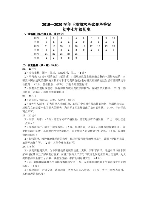 2019至2020七年级下学期期末考试历史参考答案