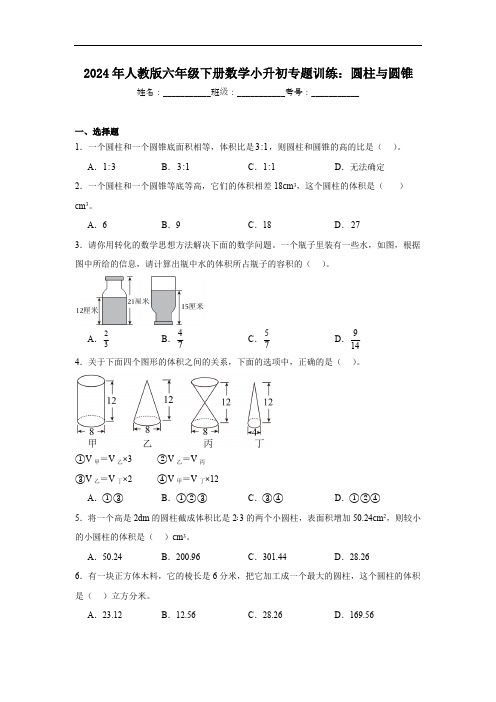 2024年人教版六年级下册数学小升初专题训练：圆柱与圆锥(含解析)