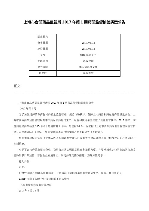 上海市食品药品监管局2017年第1期药品监督抽验质量公告-2017年第7号