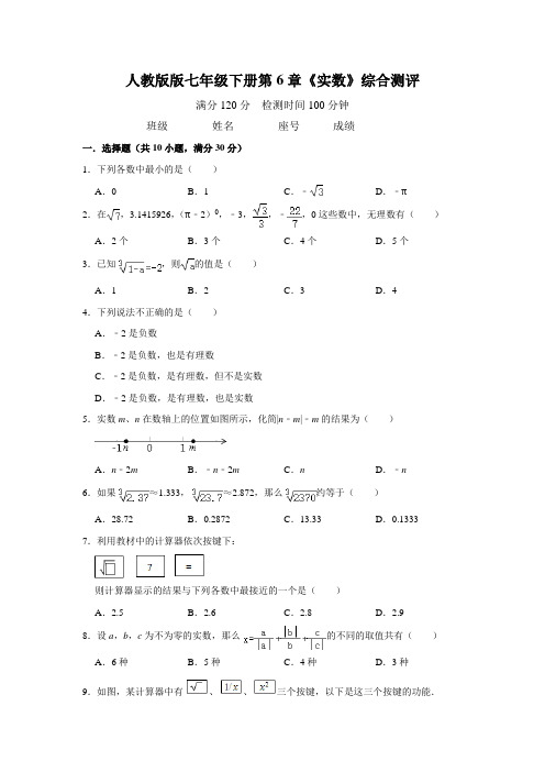 人教版数学七年级下册第6章《实数》综合测评(附答案)