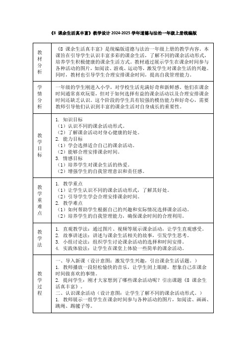 《8 课余生活真丰富》教学设计2024-2025学年道德与法治一年级上册统编版(2024)