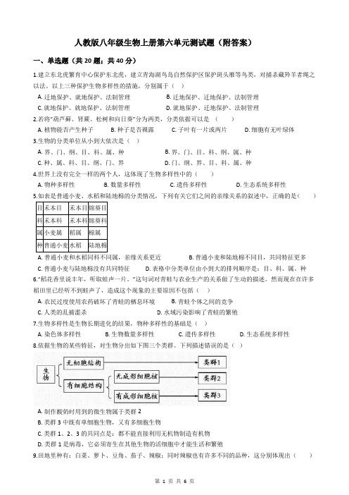 人教版八年级生物上册第六单元测试题(附答案)