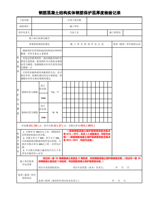 钢筋混凝土结构实体钢筋保护层厚度检验记录