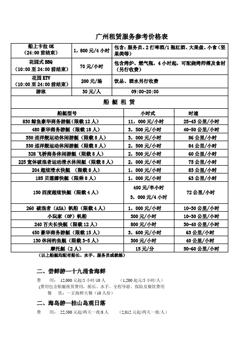 游艇出租参考价格表