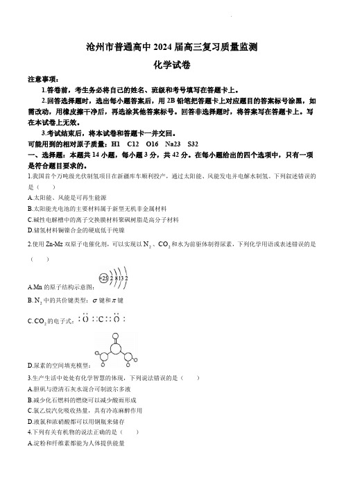 2024届河北省沧州市高三上学期10月月考化学试题及答案