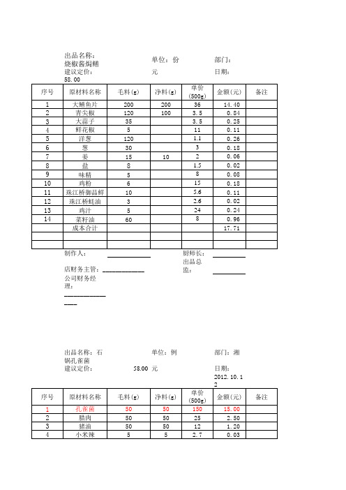 菜品标准成本卡