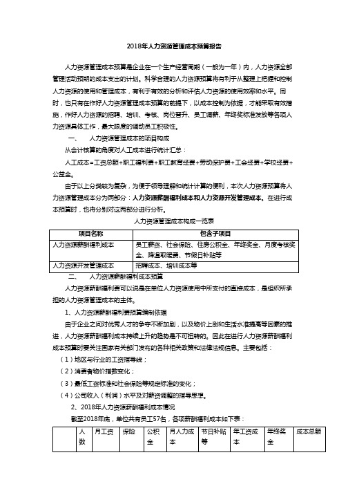 2018年人力资源管理成本预算报告