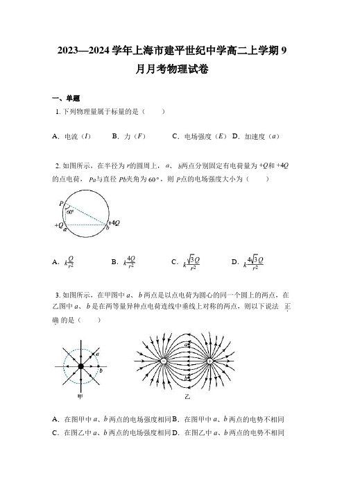 2023—2024学年上海市建平世纪中学高二上学期9月月考物理试卷