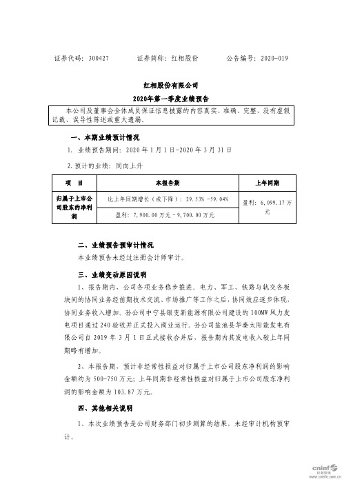 红相股份：2020年第一季度业绩预告