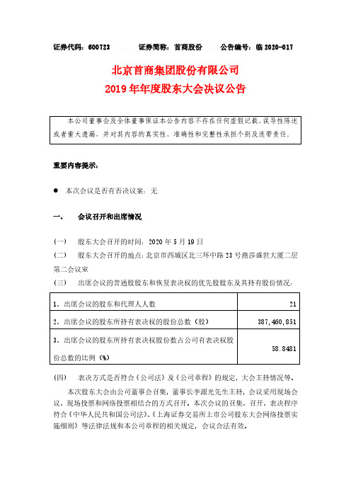 首商股份：2019年年度股东大会决议公告