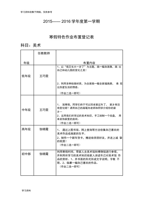 (小学部)寒假美术特色作业布置登记表