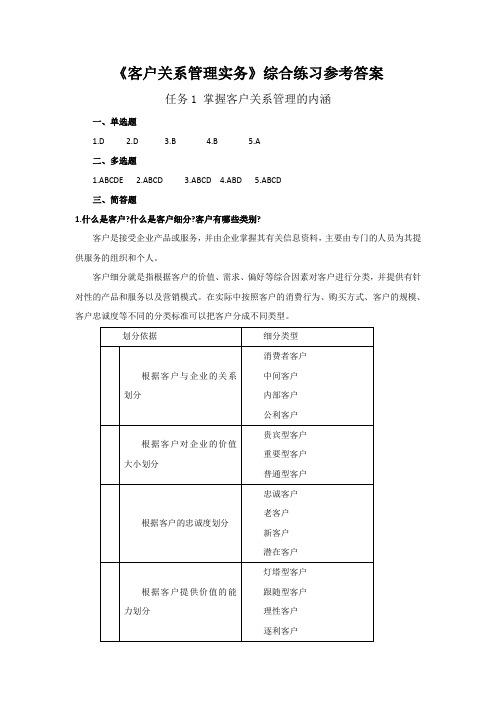 《客户关系管理实务(第2版) 》习题答案 任务1：认知客户关系管理