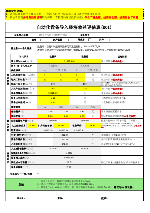 自动化设备导入经济效益评估表(ROI)