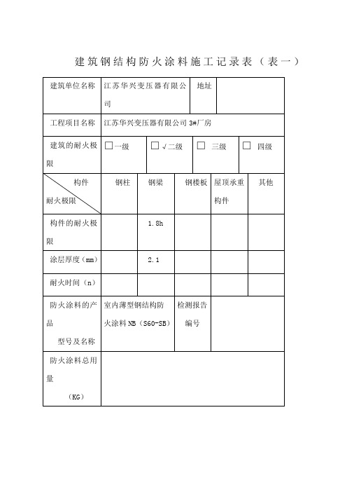 建筑钢结构防火涂料施工记录表