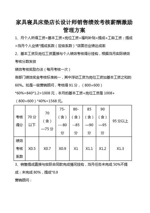 家具寝具床垫店长设计师销售绩效考核薪酬激励管理方案