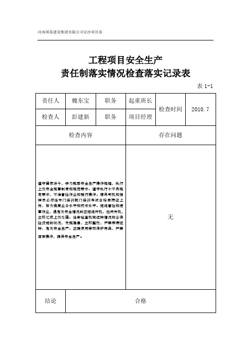 工程项目安全生产责任制落实情况检查落实记录表