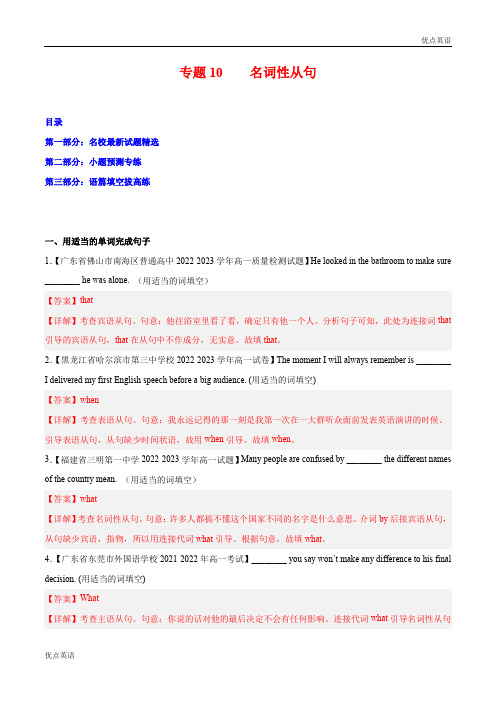 专题10  名词性从句-2023年暑假高一英语挑战高尖子生必刷题(新高考适用)(解析版)