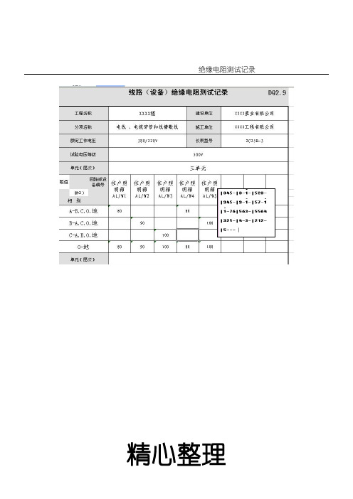 “绝缘电阻测试记录”的填写