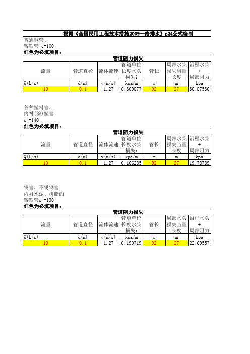 计算公式_给排水管路的沿程及局部管阻