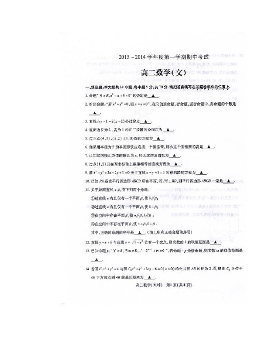 徐州市2013-2014学年度第一学期期中考试高二数学(文)参考答案与评分标准