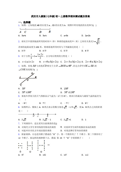 武汉市人教版(七年级)初一上册数学期末测试题及答案