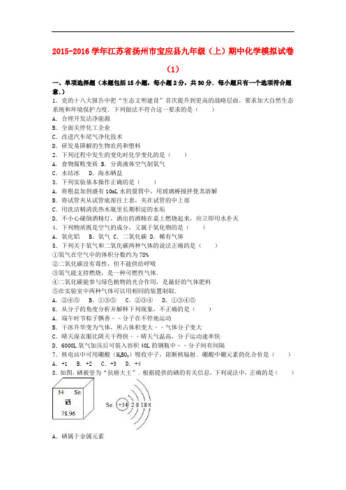 江苏省扬州市宝应县九年级化学上学期期中模拟试卷(1)(含解析) 沪教版