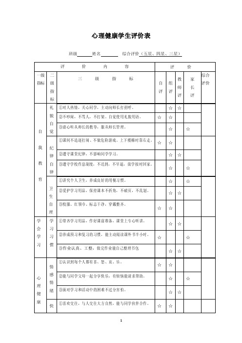 小学生心理健康学生评价表