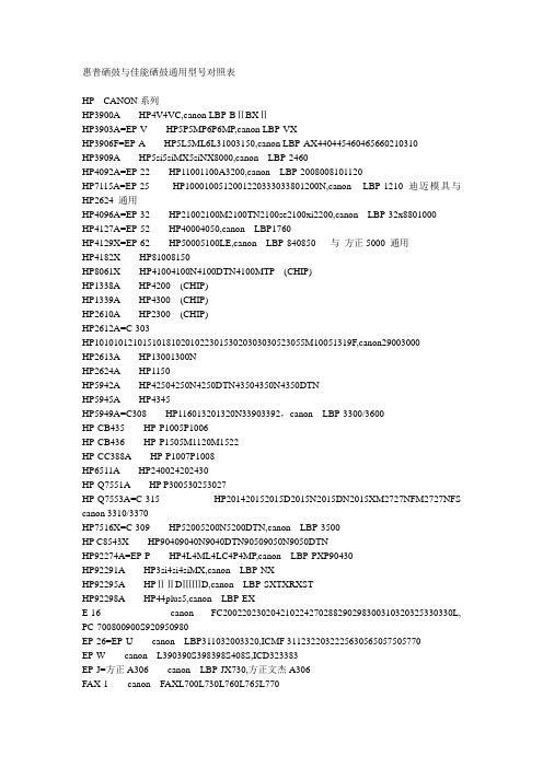 惠普硒鼓与佳能硒鼓通用型号对照表