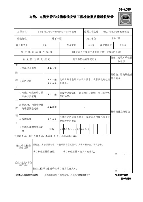 SG-A080电线、电缆穿管和线槽敷线安装工程检验批质量验收记录文本