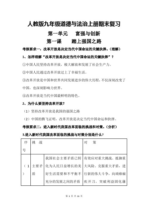 人教版九年级道德与法治上册  第一单元  富强与创新  知识点提纲