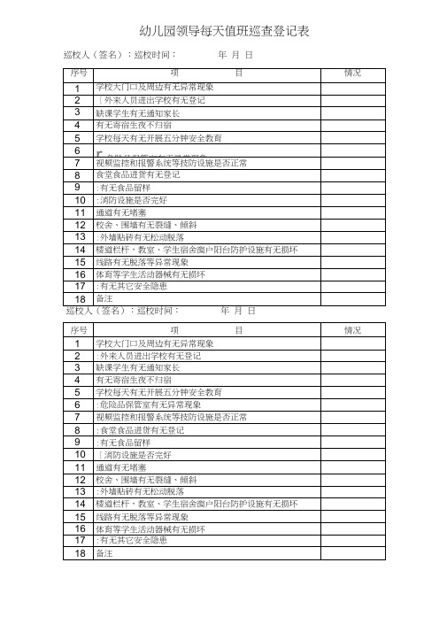 幼儿园领导每天值班巡查登记表