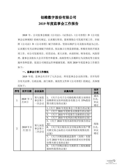 创维数字：2019年度监事会工作报告