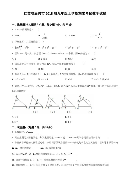 江苏省泰兴市2018届九年级上学期期末考试数学试题(原卷版)